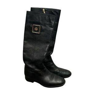 Tory Burch Julian Black Pebble Leather with Gold Emblem Tall Riding Boots Size 7